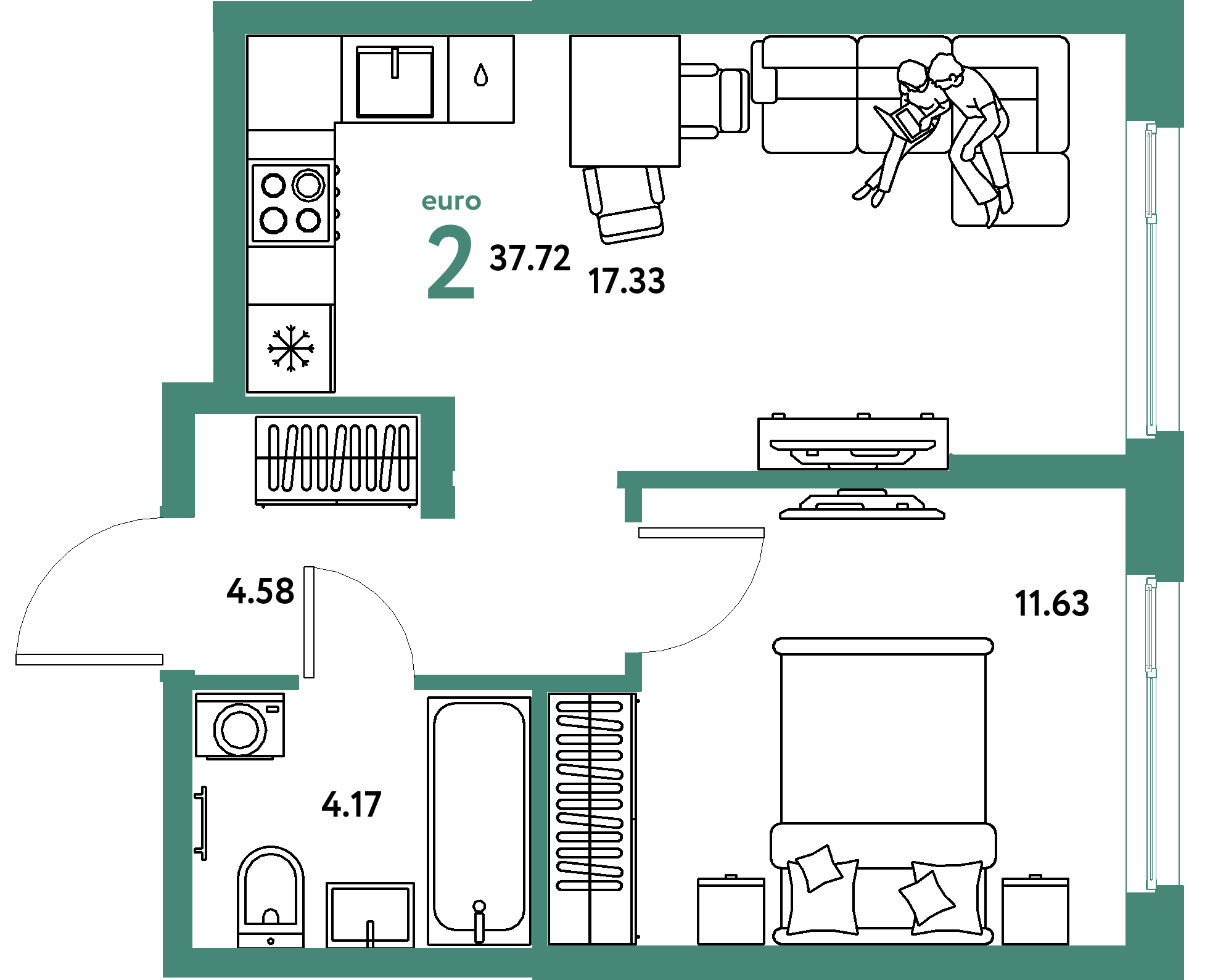 Планировка: Евродвушка 37,72 м² в ЖК «Европейский берег 2.0»