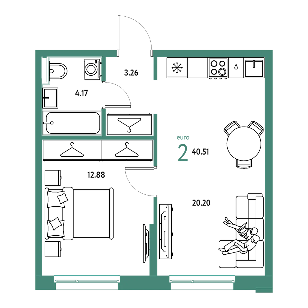 Планировка: Евродвушка 40,51 м²