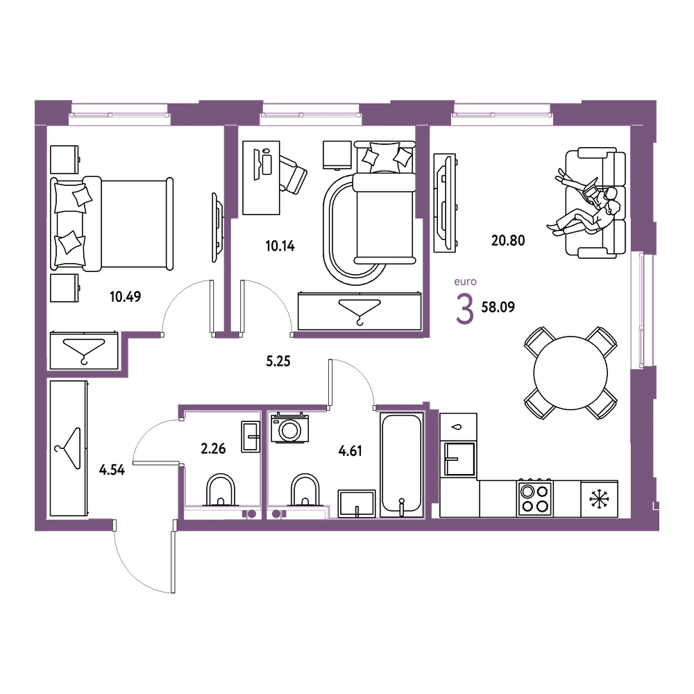 Планировка: Евротрёшка 58,09 м²