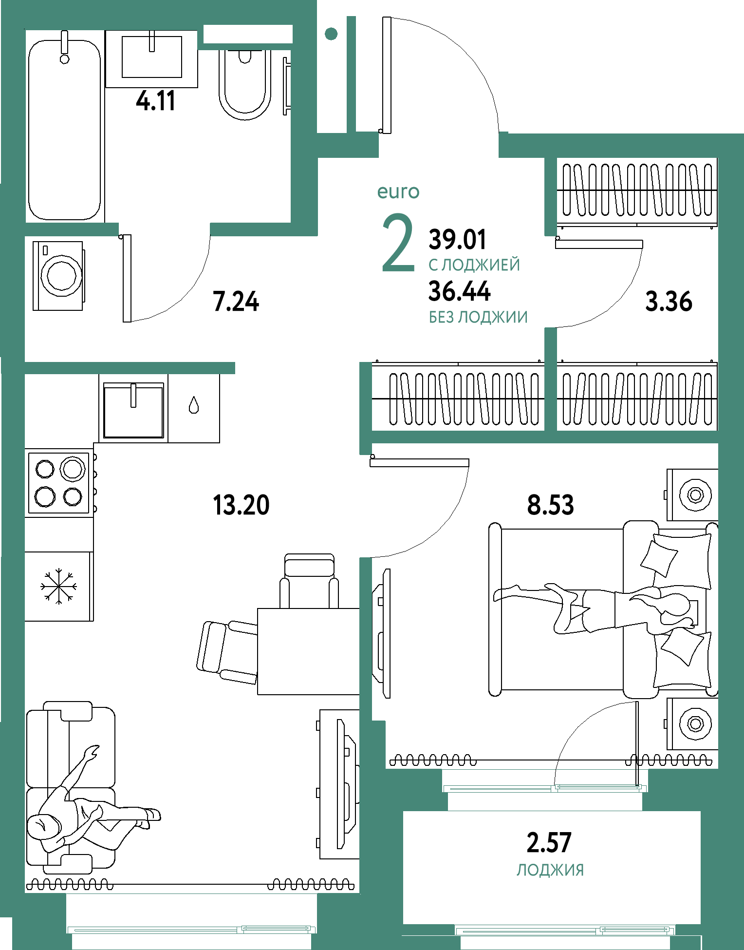 Планировка: Евродвушка 39,01 м² в ЖК «Домашний»