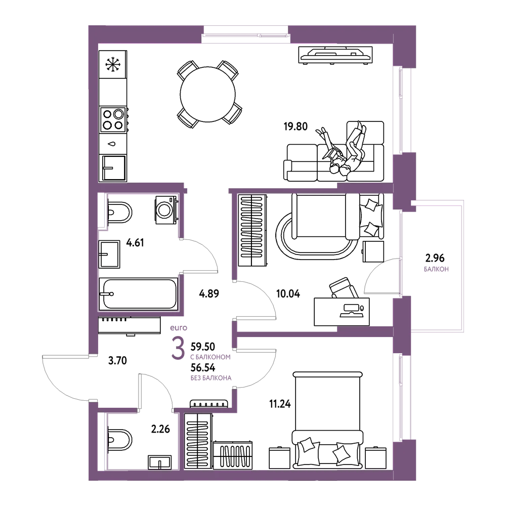 Планировка: Евротрёшка 59,22 м²