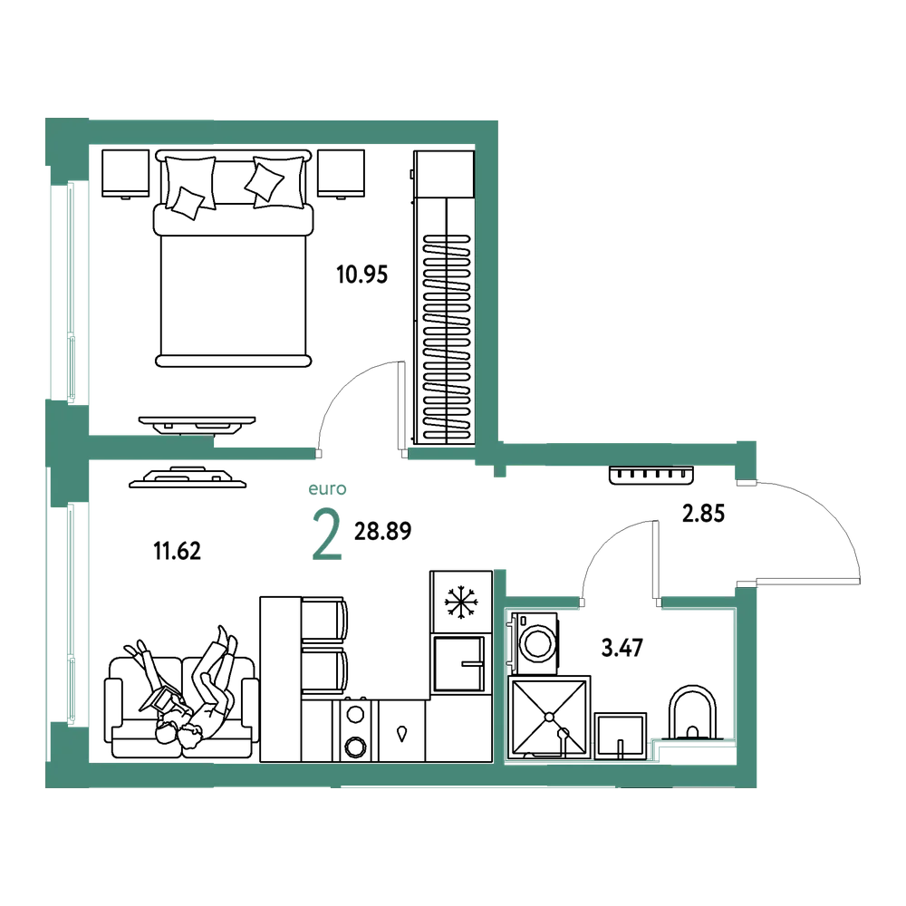 Планировка: Евродвушка 28,89 м²