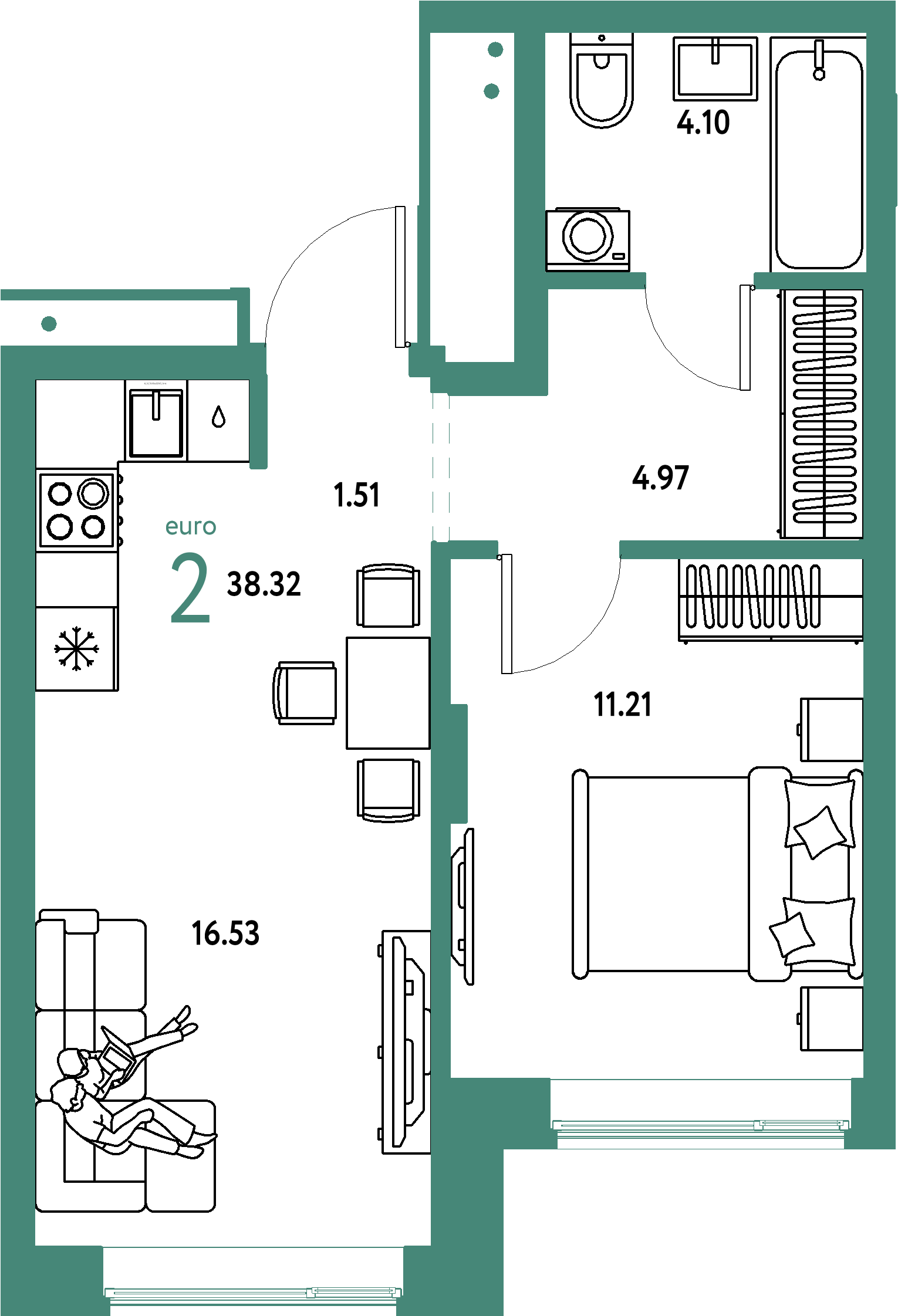 Планировка: Евродвушка 38,32 м² в ЖК «Домашний»