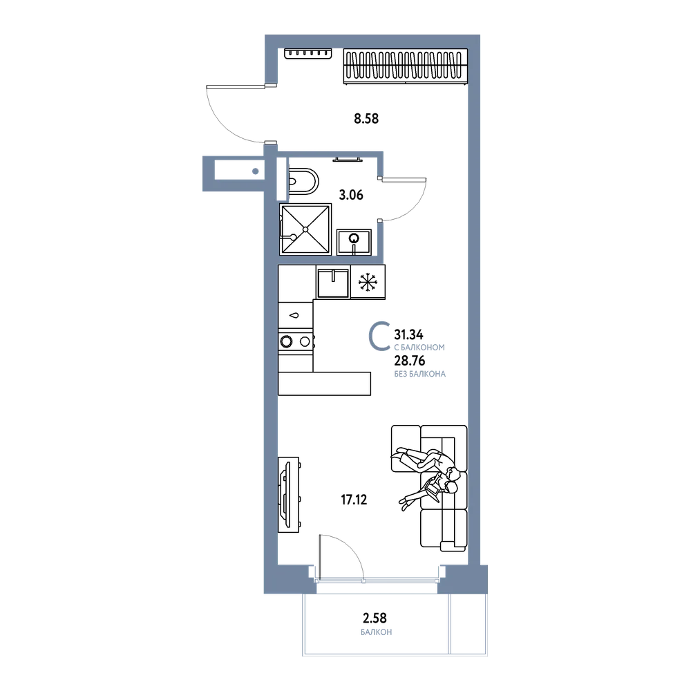 Планировка: Студия 31,34 м²