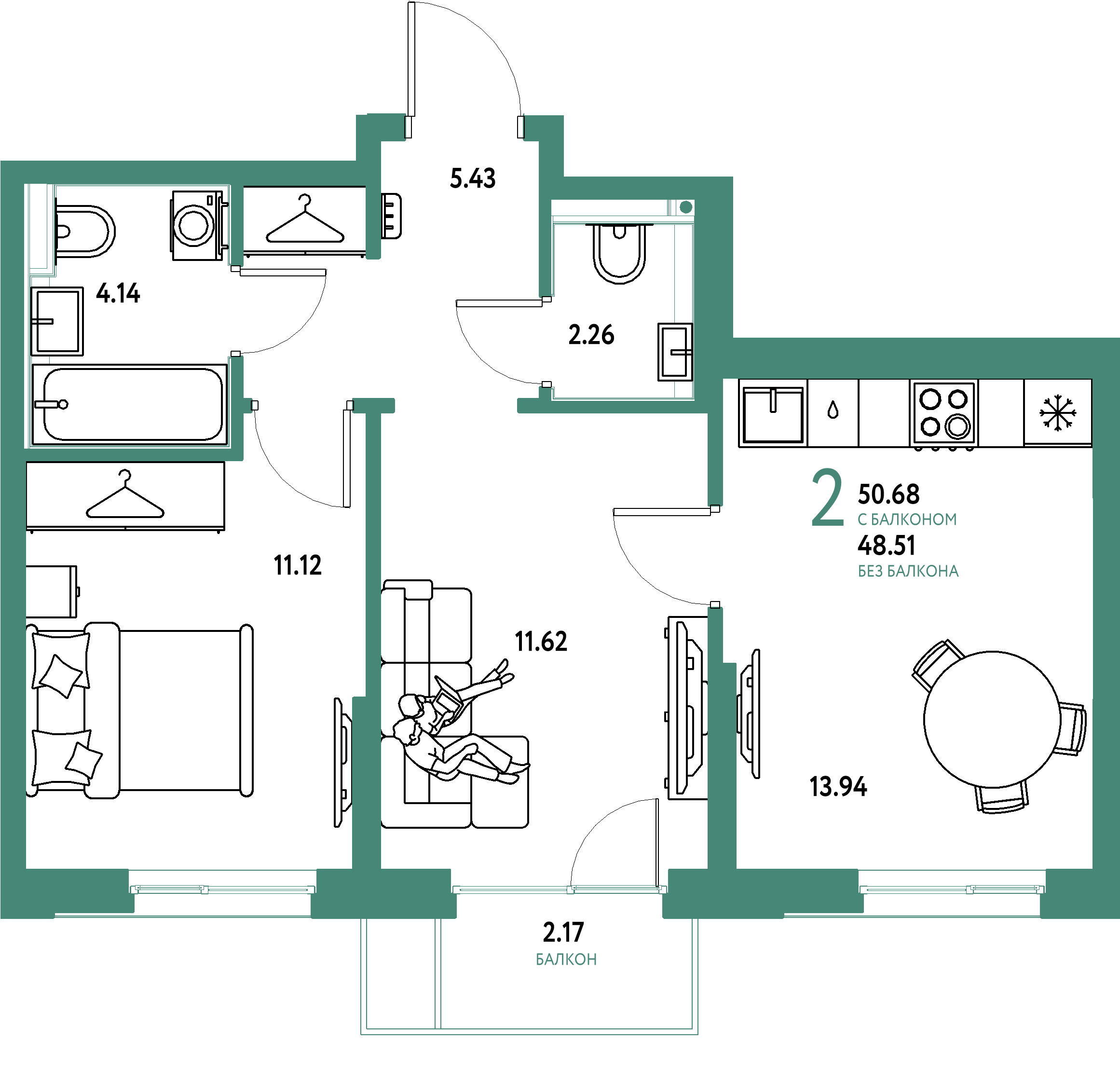 Планировка: 2-комнатная 50,68 м² в ЖК «Страна.Прибрежная»