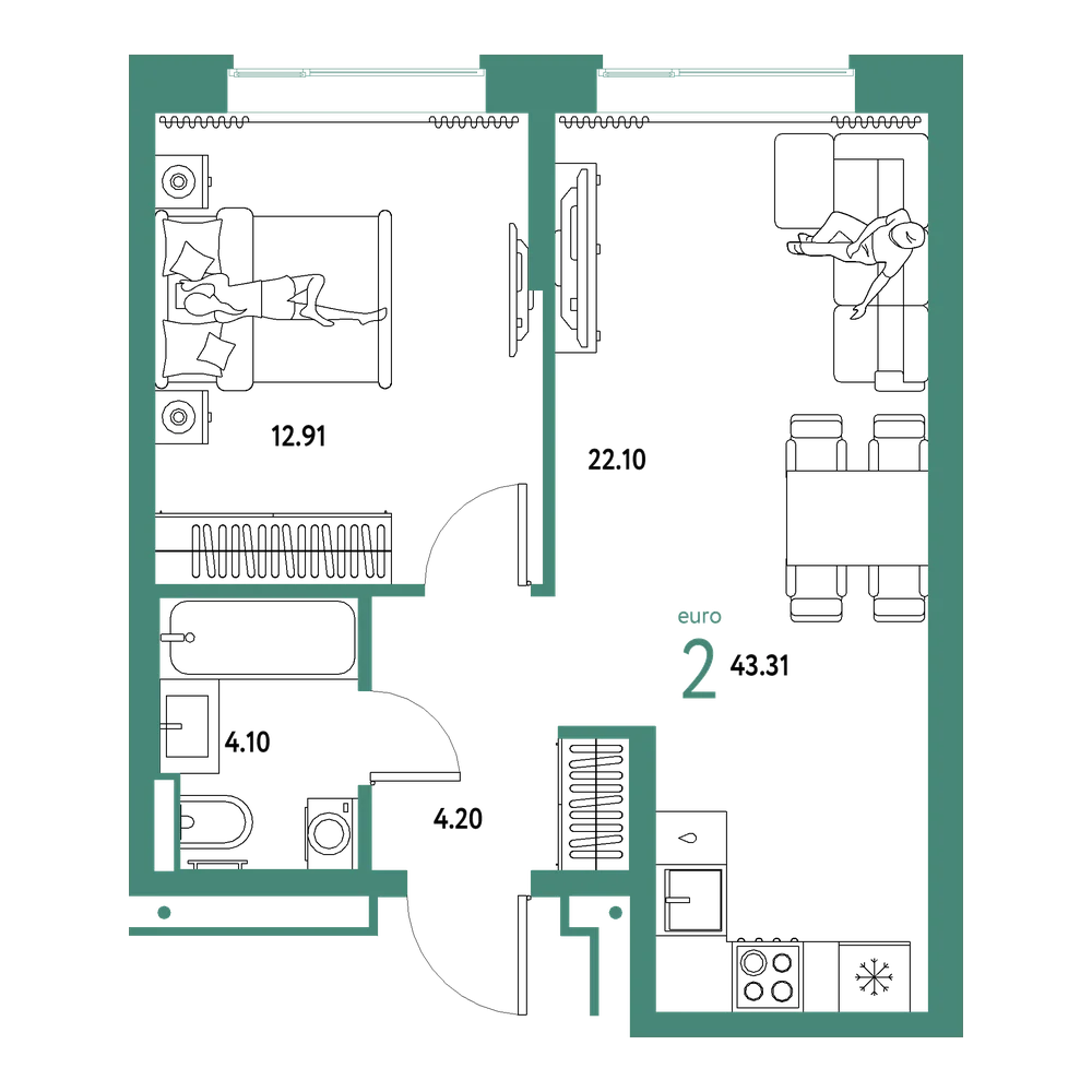 Планировка: Евродвушка 43,31 м²
