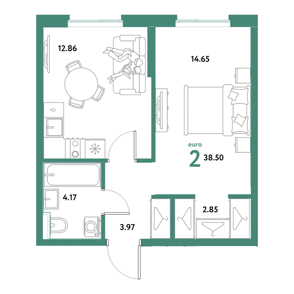 Планировка: Евродвушка 38,5 м²