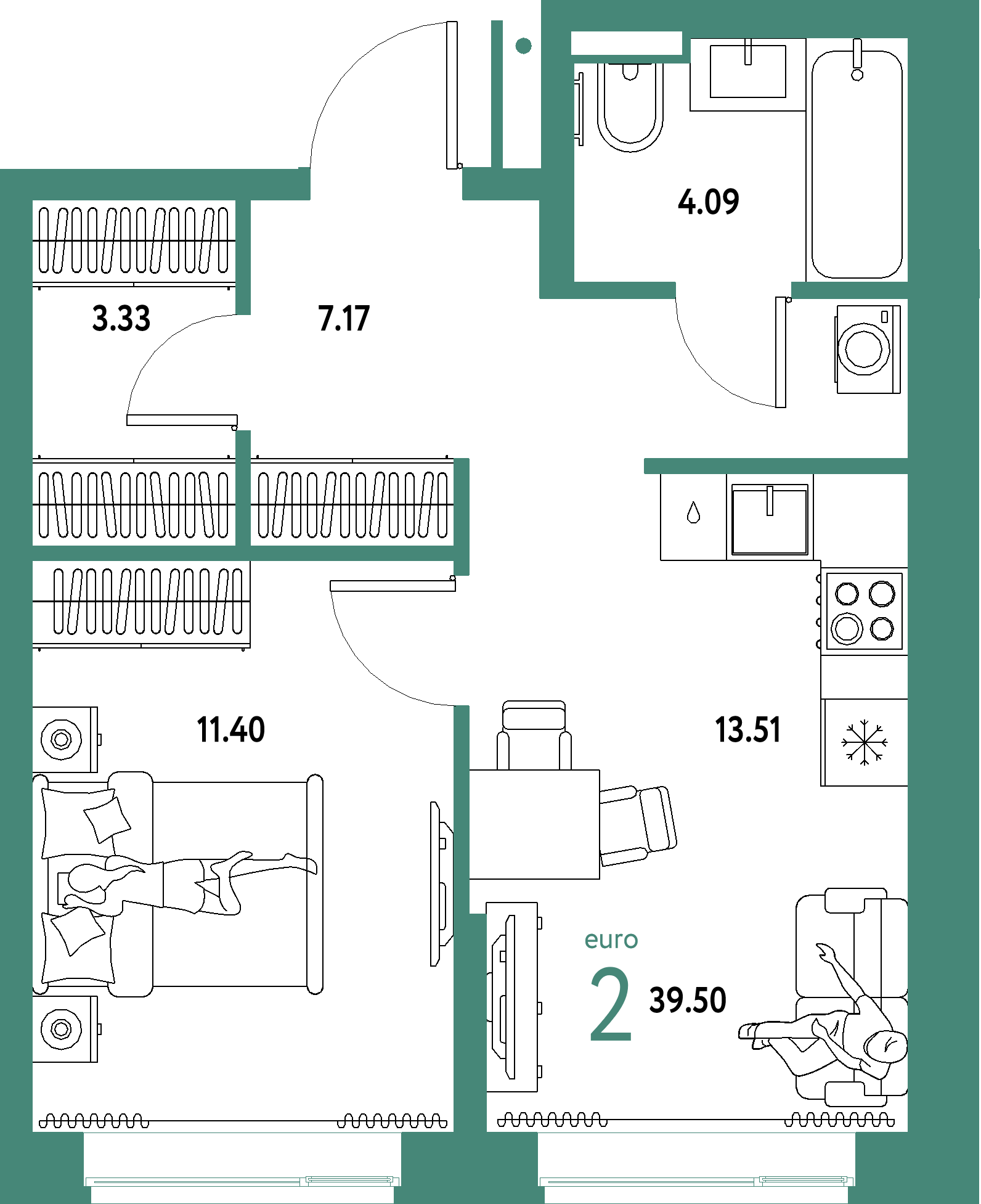 Планировка: Евродвушка 39,5 м² в ЖК «Домашний»