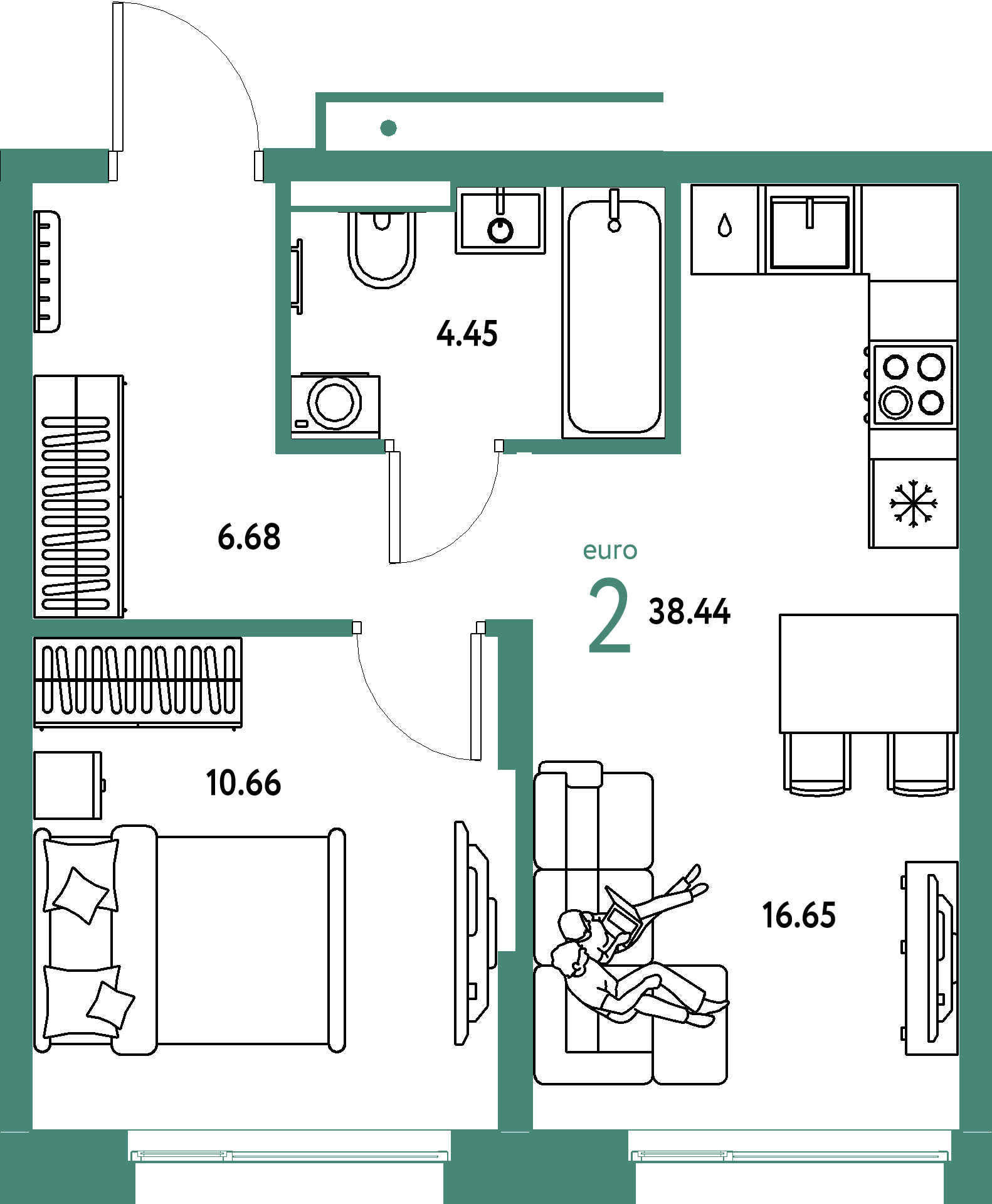 Планировка: Евродвушка 38,44 м² в ЖК «Авторский»