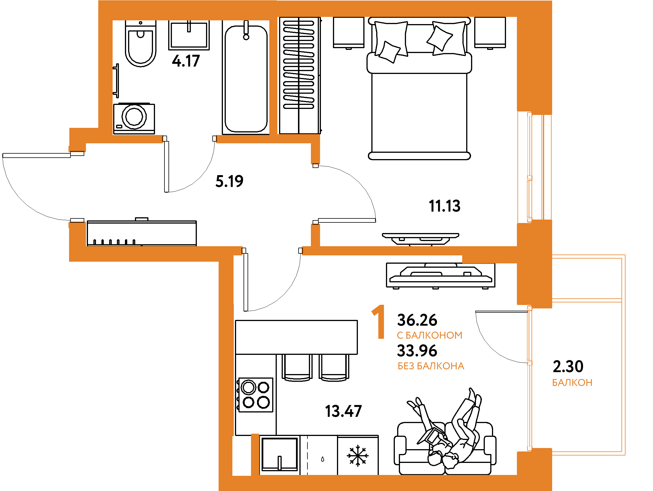 Планировка: 1-комнатная 36,26 м² в ЖК «Европейский берег 2.0»