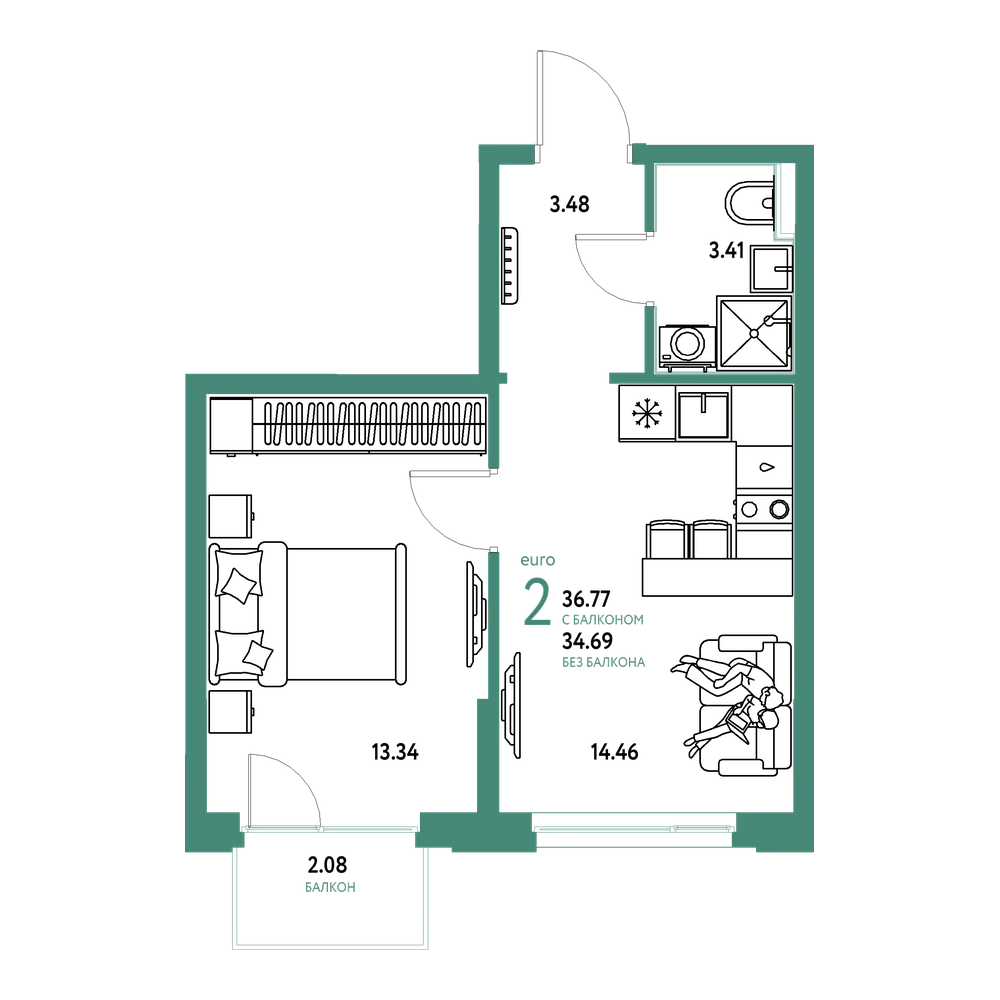 Планировка: Евродвушка 36,8 м²