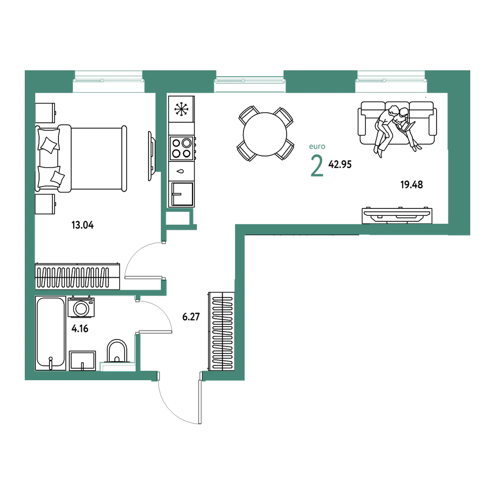 Планировка: Евродвушка 42,97 м²
