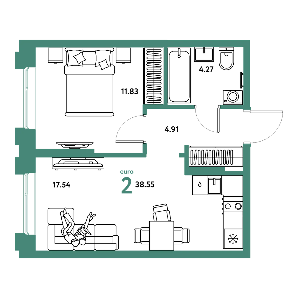 Планировка: Евродвушка 38,55 м²