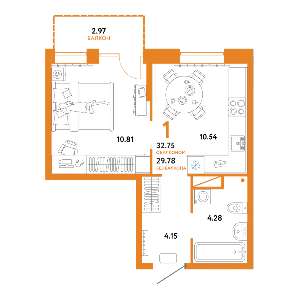 Планировка: 1-комнатная 32,75 м²