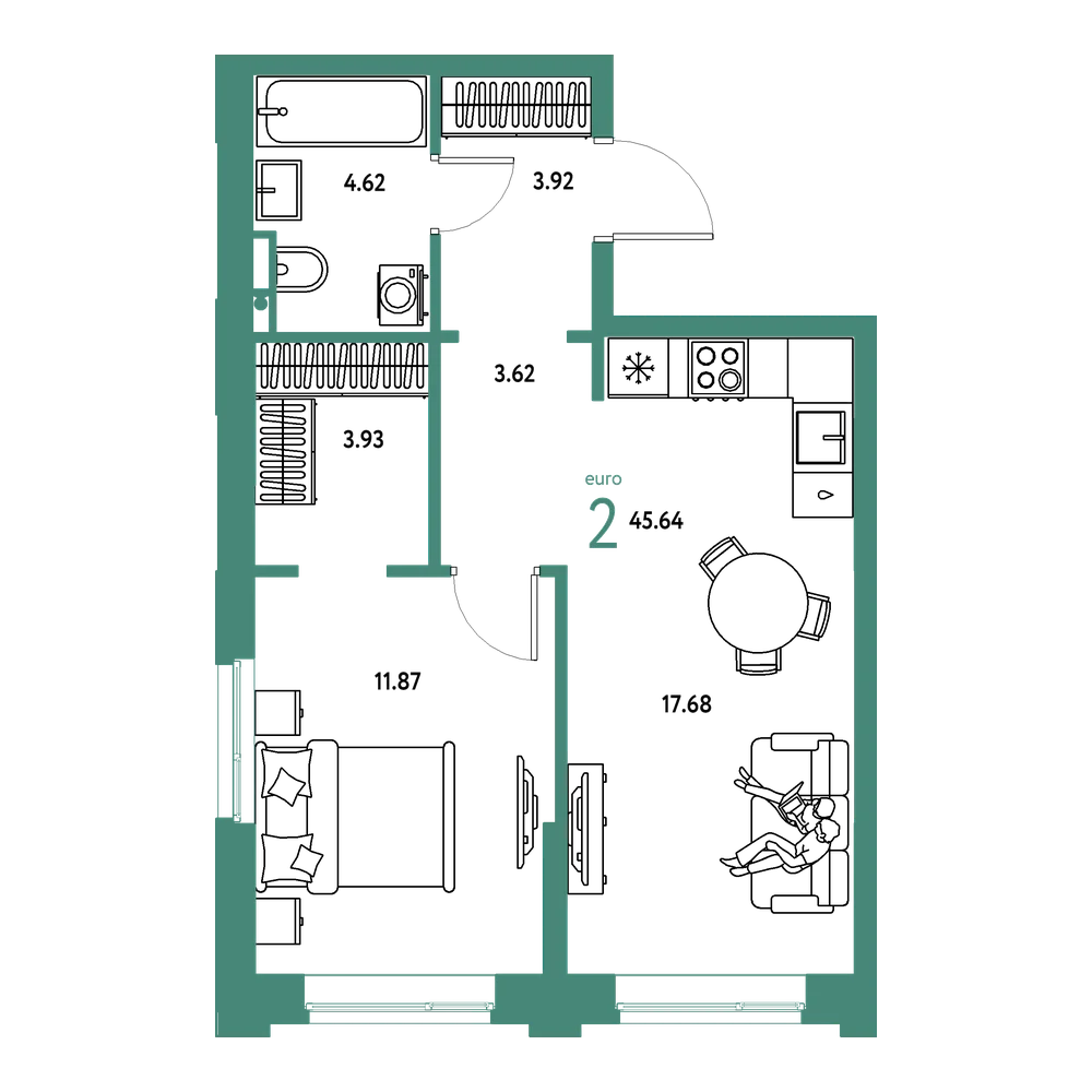 Планировка: Евродвушка 45,64 м²