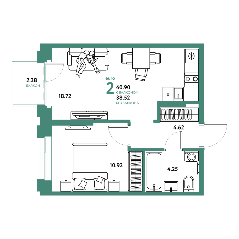 Планировка: Евродвушка 40,9 м²