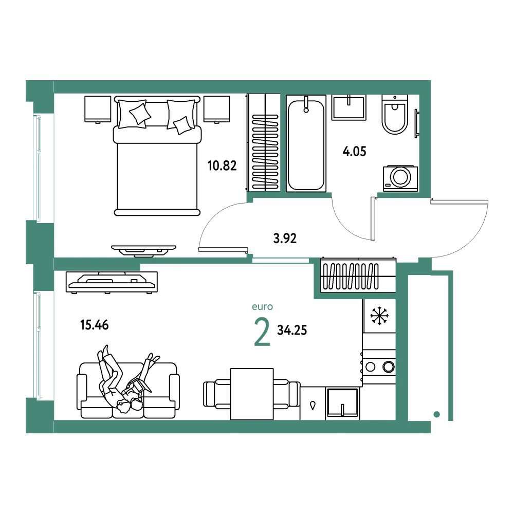 Планировка: Евродвушка 34,25 м²