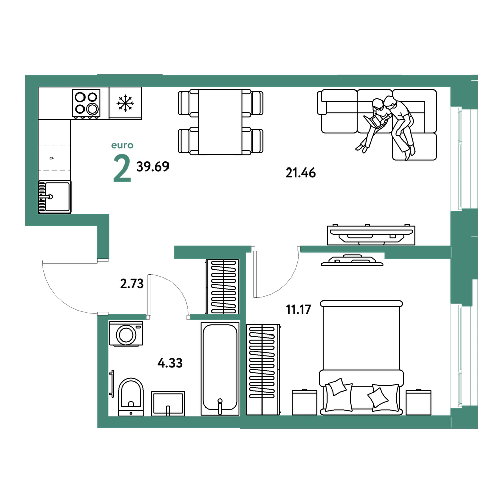 Планировка: Евродвушка 39,69 м²