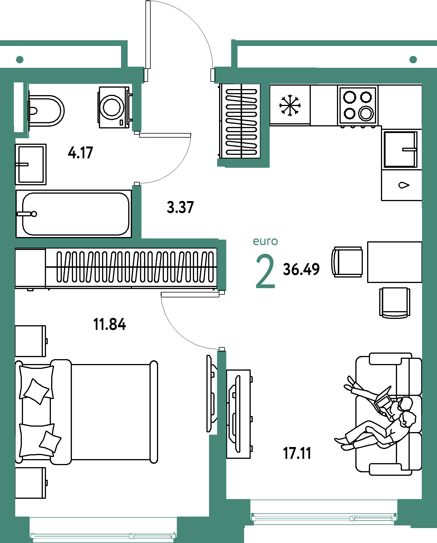 Планировка: Евродвушка 36,49 м² в ЖК «Страна.Прибрежная»