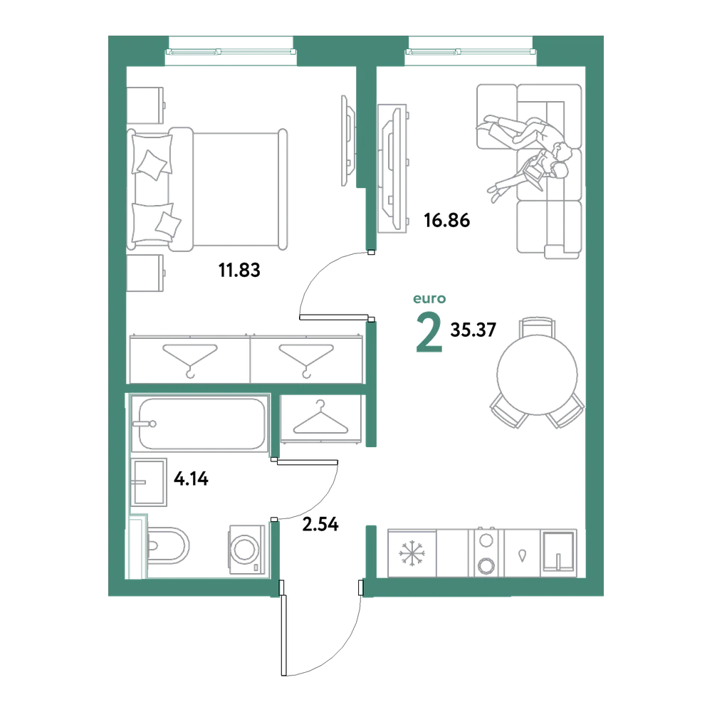 Планировка: Евродвушка 35,37 м²