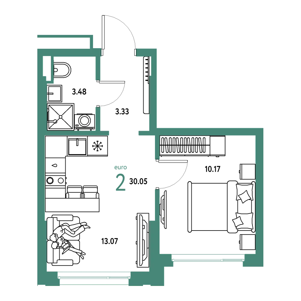 Планировка: Евродвушка 30,05 м²