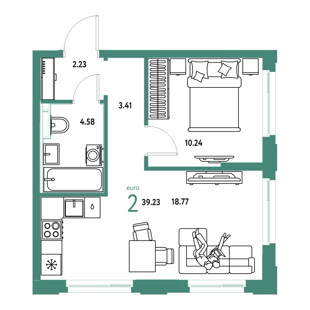 Планировка: Евродвушка 39,23 м²