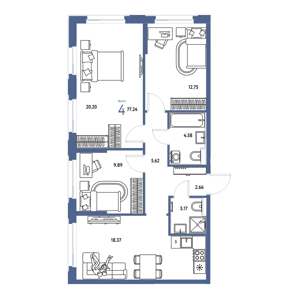 Планировка: Евро-4 77,24 м²