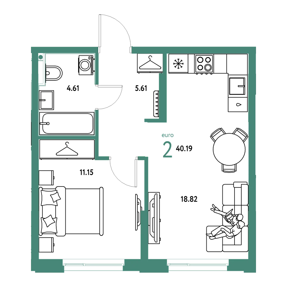 Планировка: Евродвушка 40,19 м²