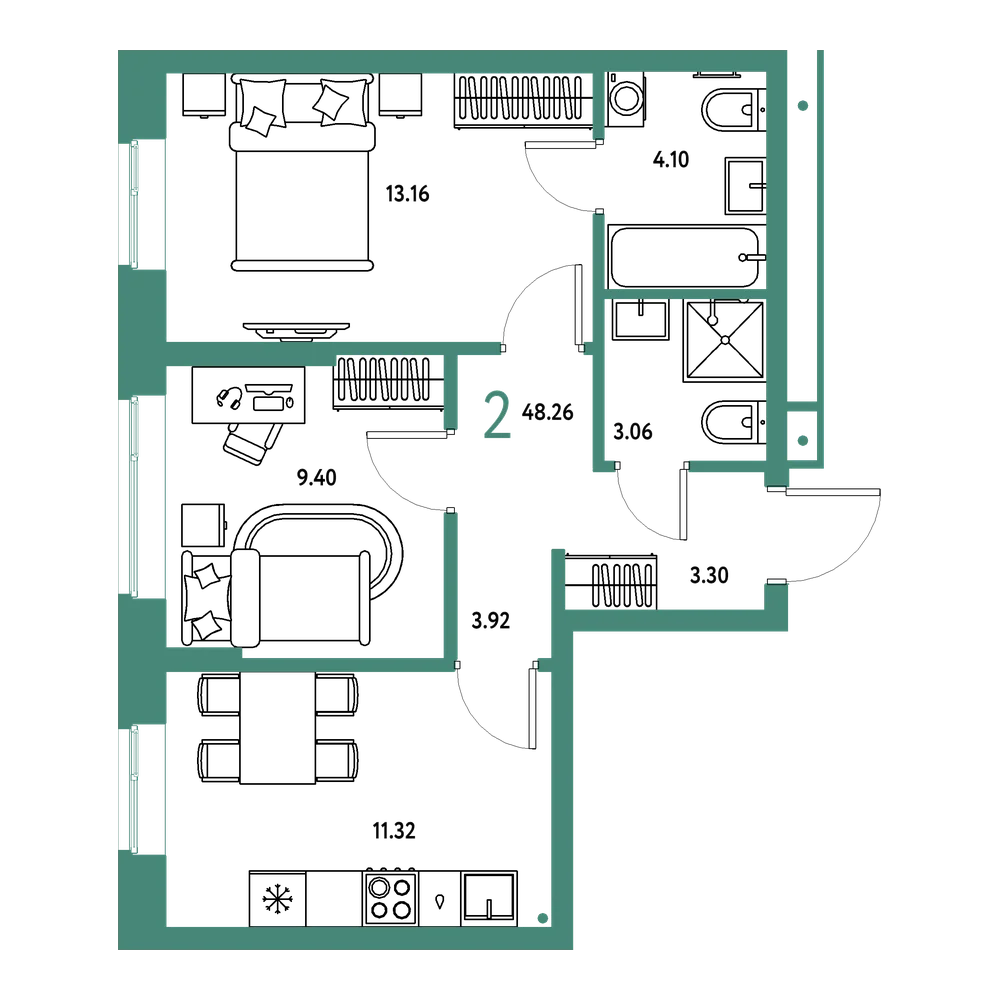 Планировка: 2-комнатная 48,26 м²