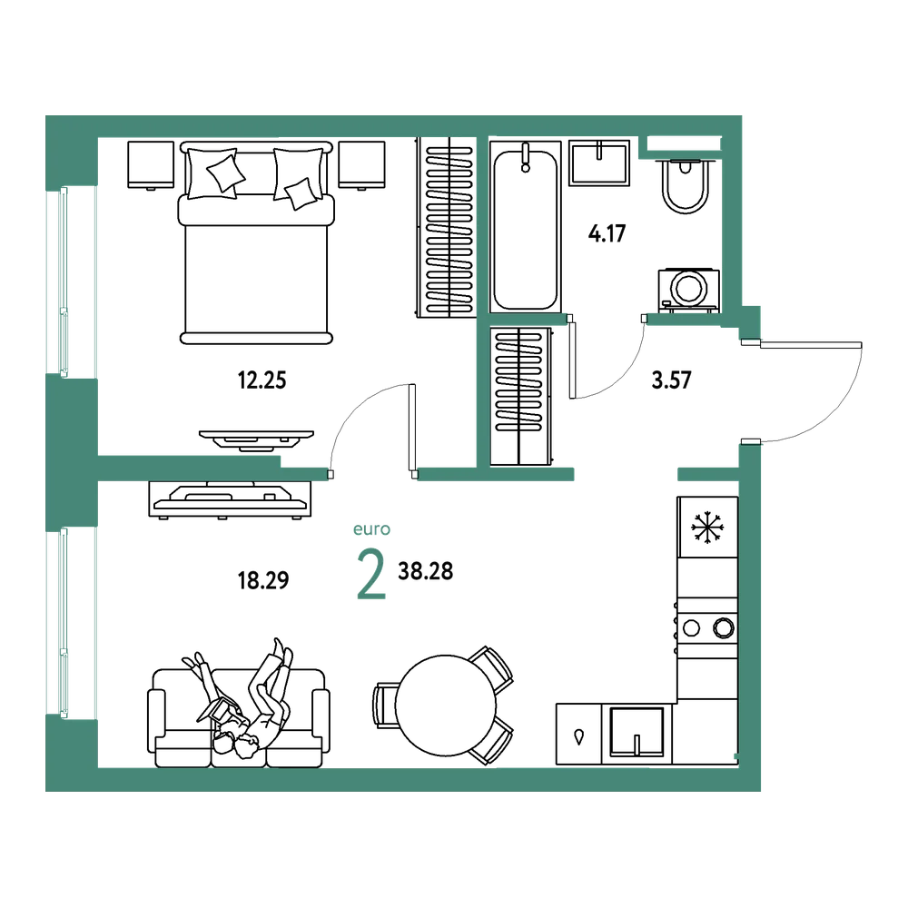 Планировка: Евродвушка 38,28 м²