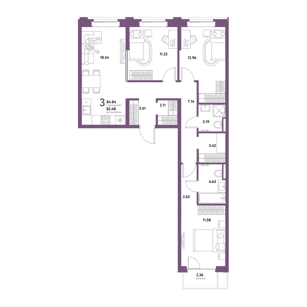 Планировка: 3-комнатная 84,84 м²