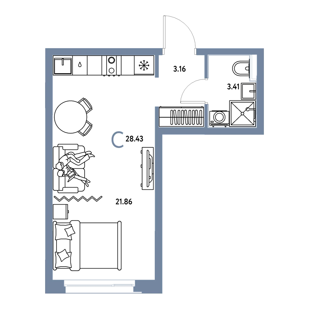 Планировка: Студия 28,43 м²