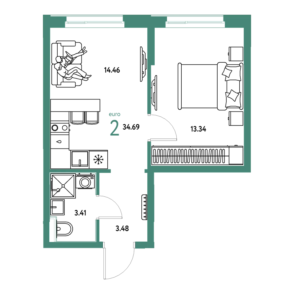 Планировка: Евродвушка 34,69 м²