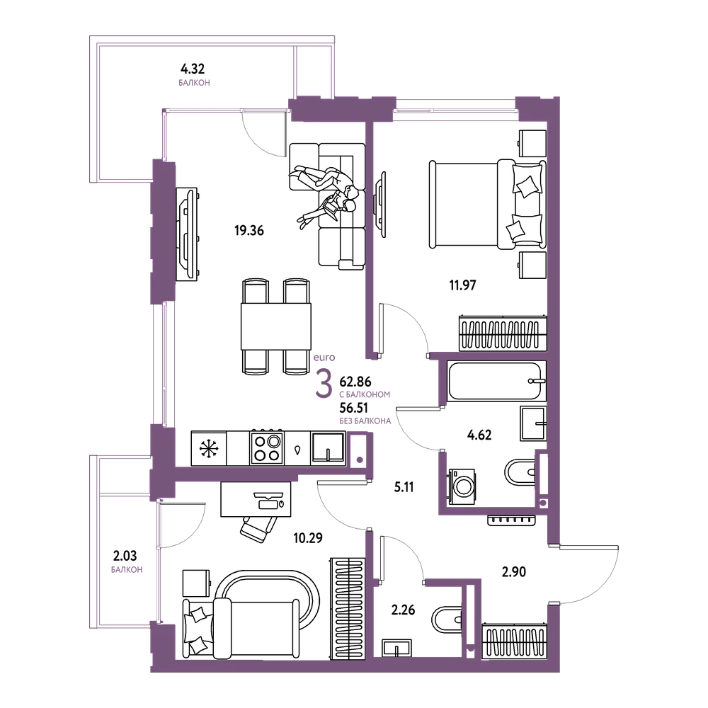 Планировка: Евротрёшка 62,86 м²
