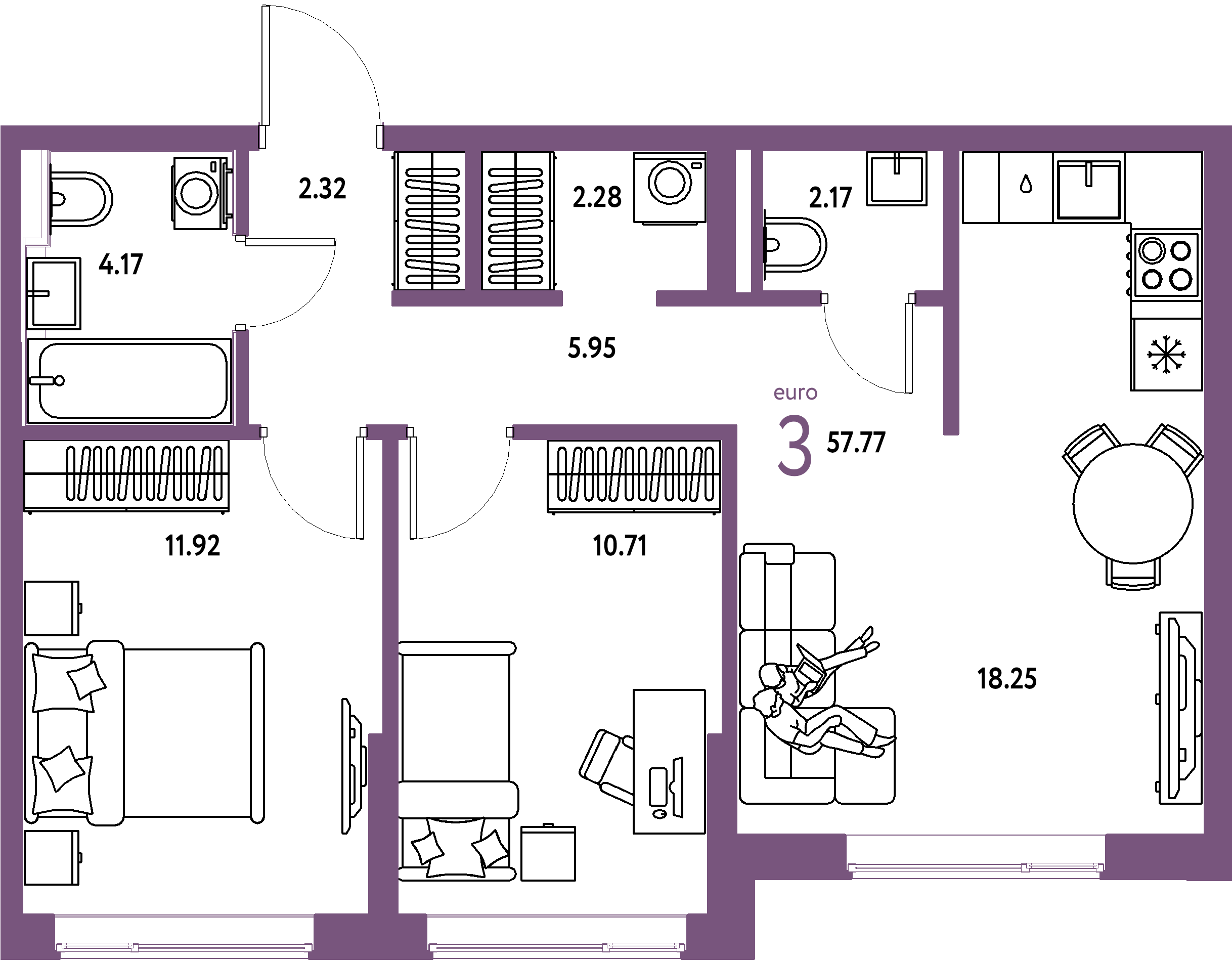 Планировка: Евротрёшка 57,84 м² в ЖК «Остров-сад»