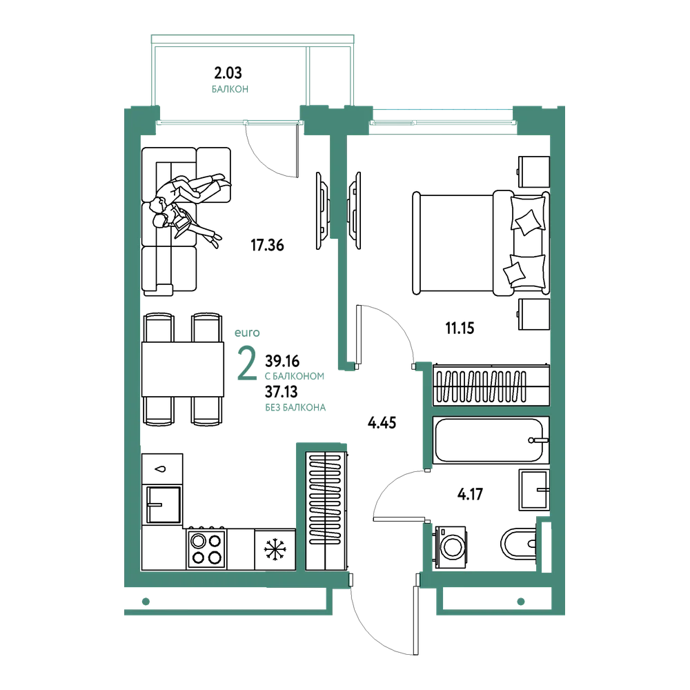 Планировка: Евродвушка 39,16 м²
