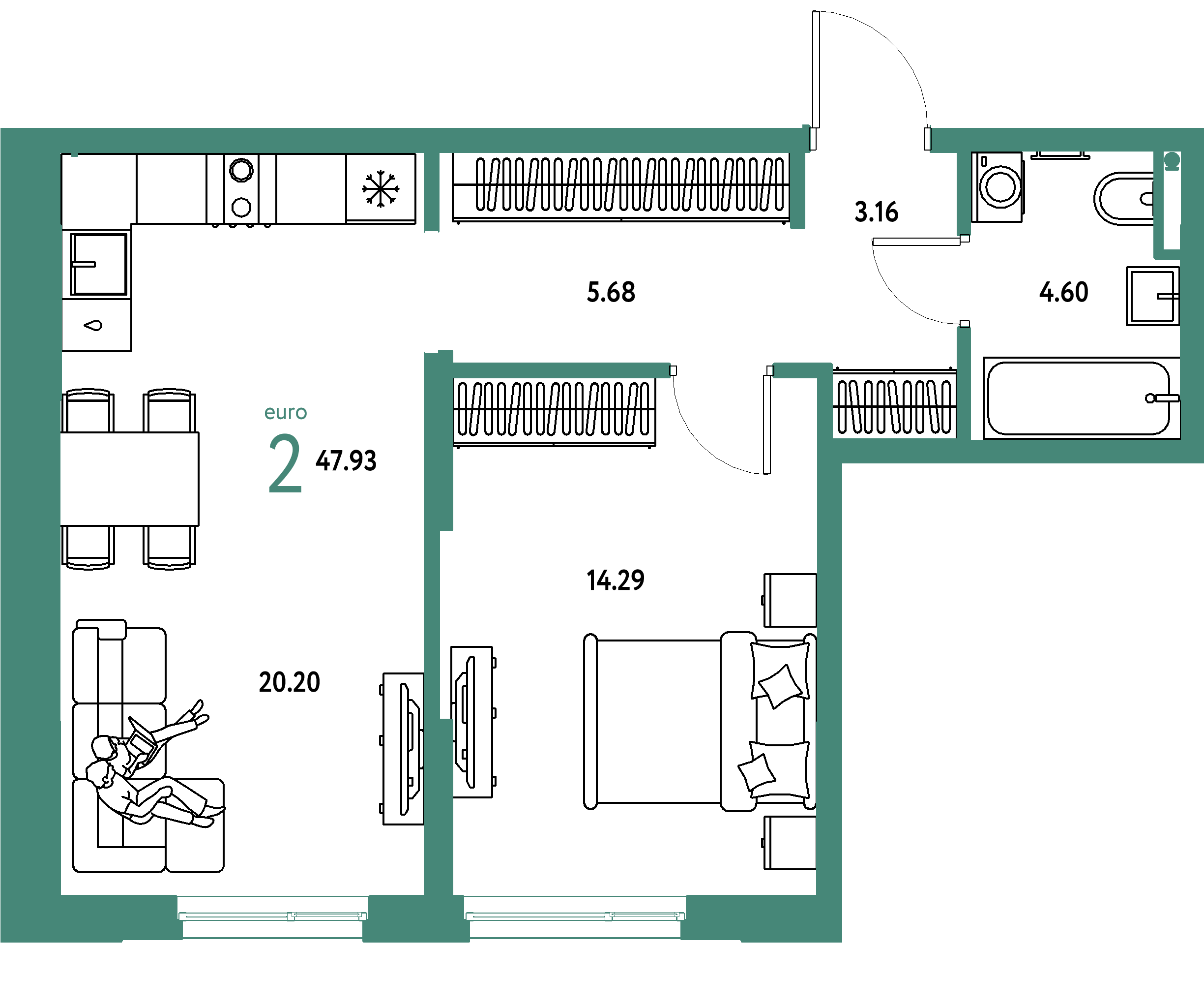 Планировка: Евродвушка 47,93 м² в ЖК «Остров-сад»