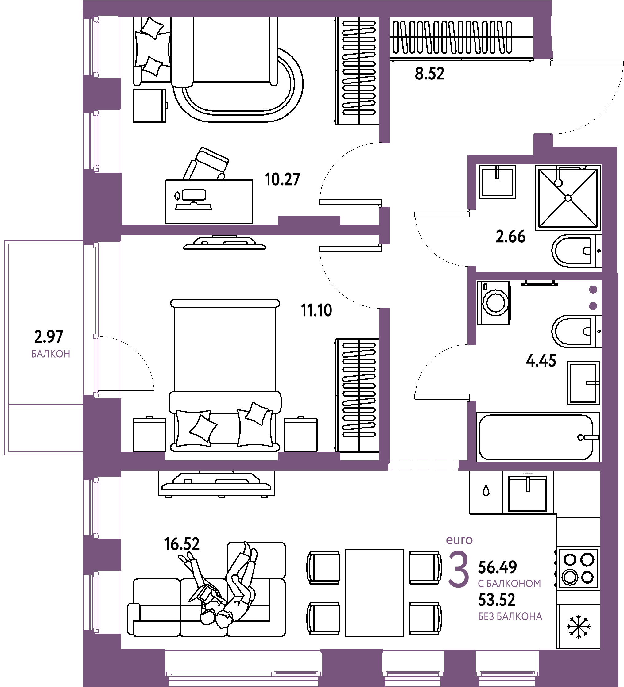 Планировка: Евротрёшка 56,49 м² в ЖК «Домашний»