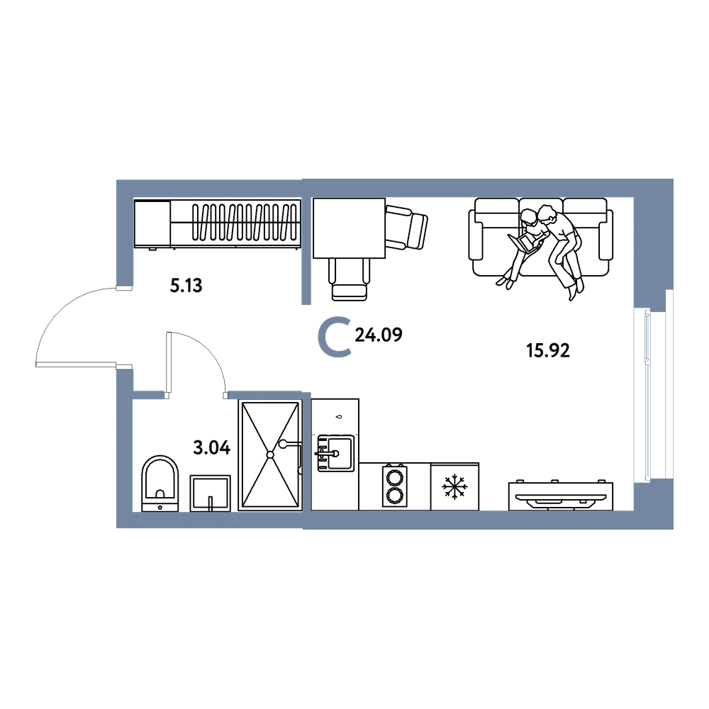 Планировка: Студия 24,09 м²