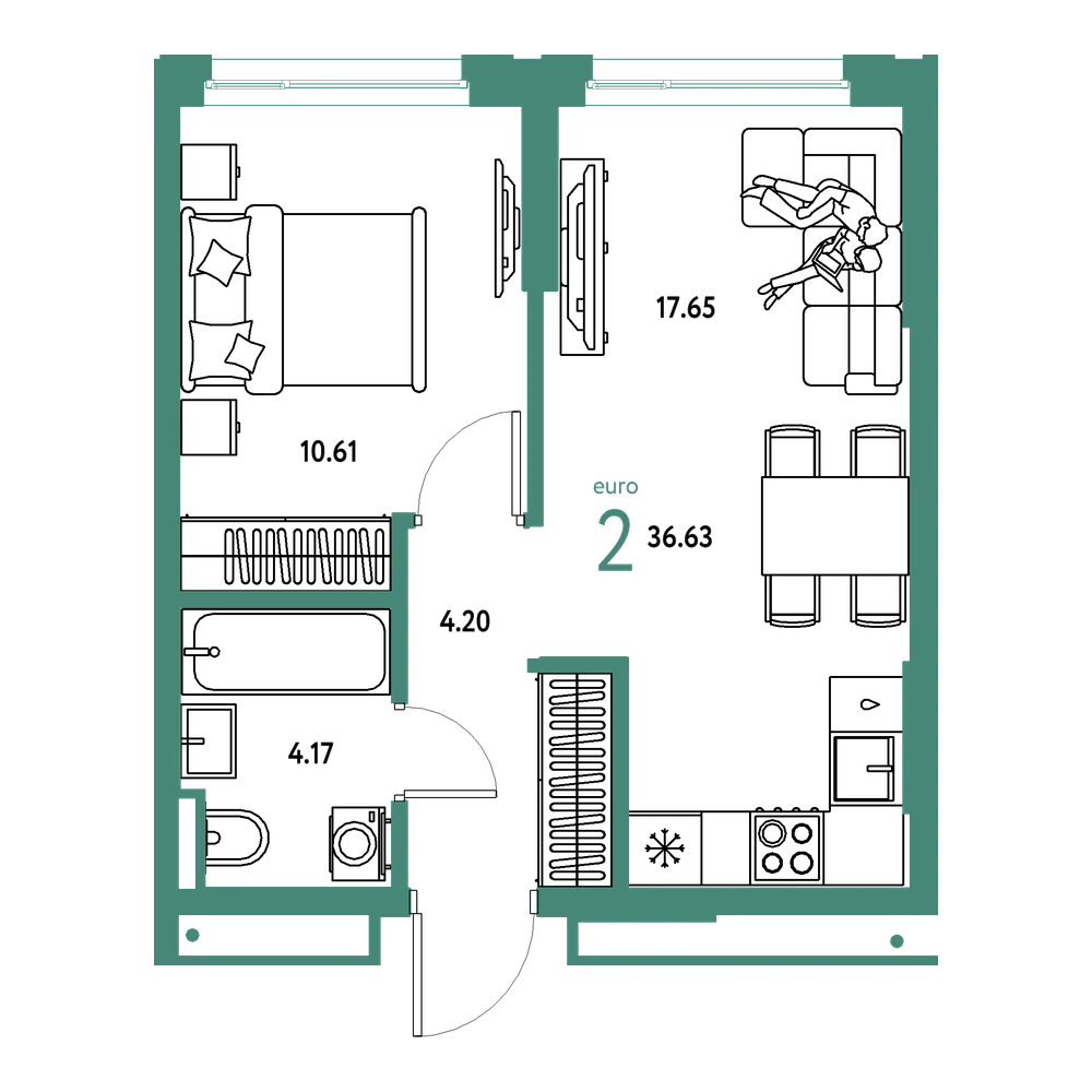 Планировка: Евродвушка 36,63 м²