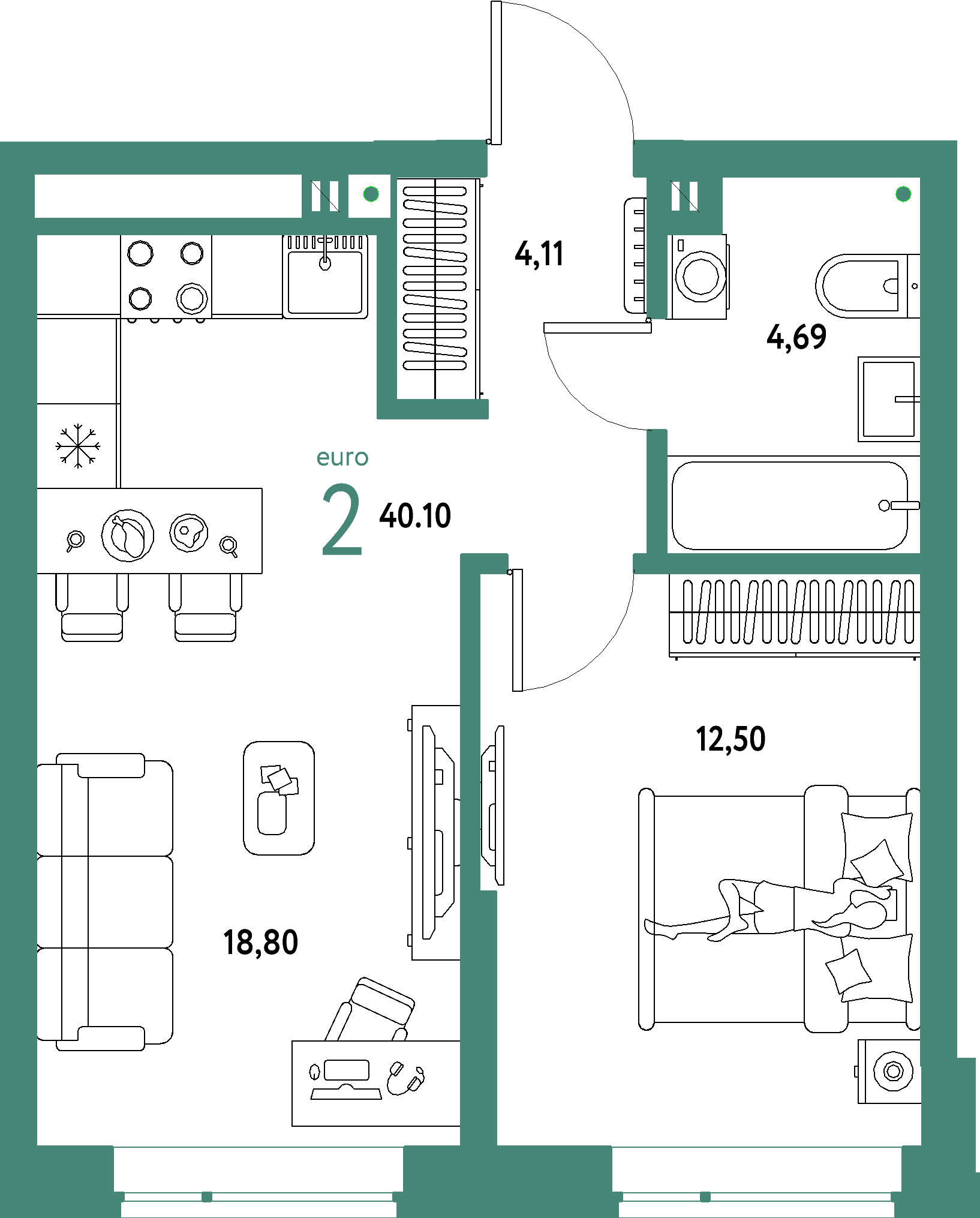 Планировка: Евродвушка 40,1 м² в ЖК «Авторский»