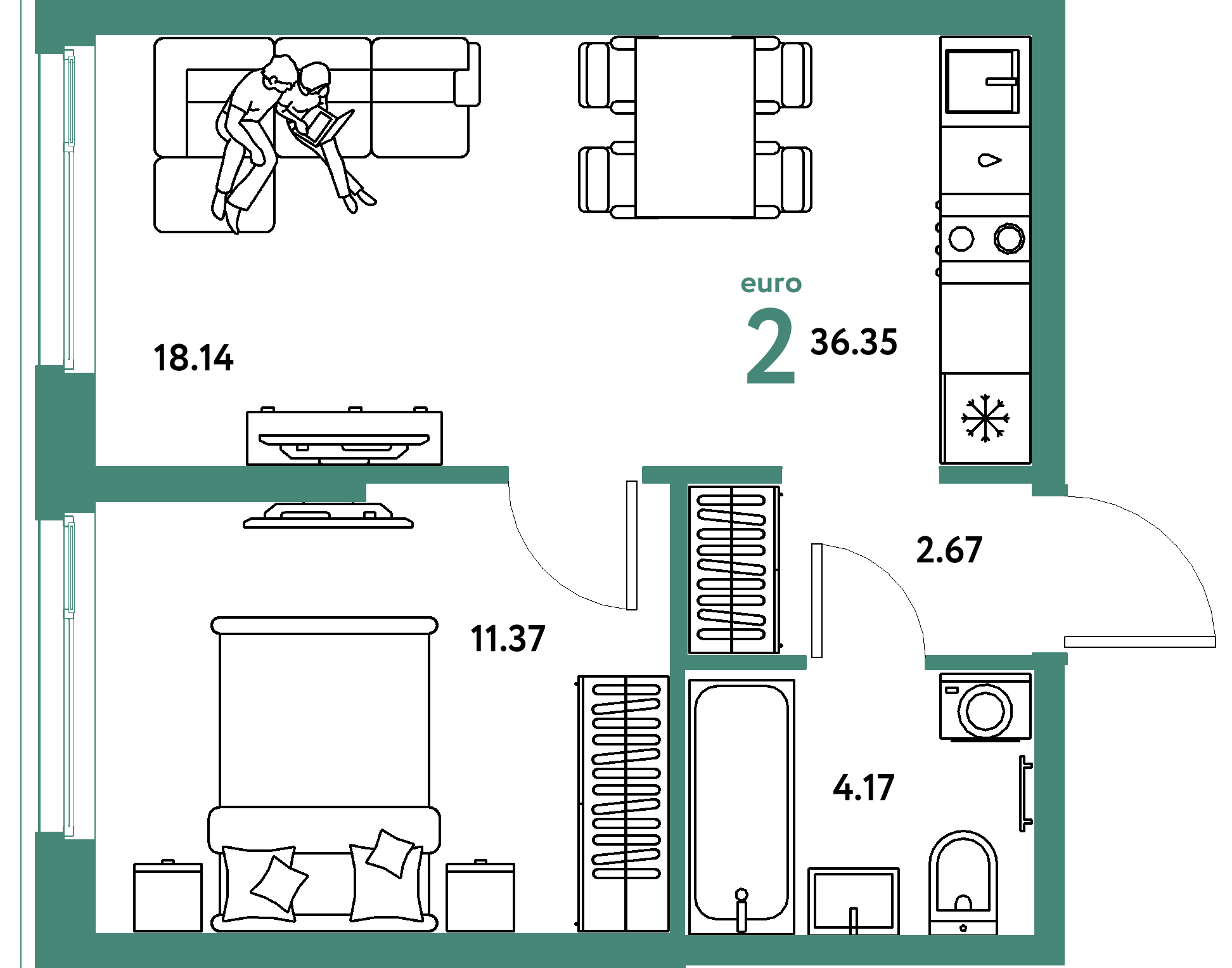 Планировка: Евродвушка 36,35 м² в ЖК «Европейский берег 2.0»