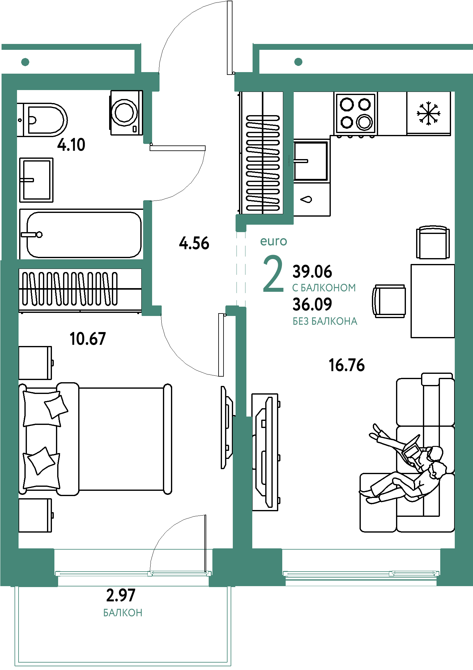 Планировка: Евродвушка 39,06 м² в ЖК «Домашний»