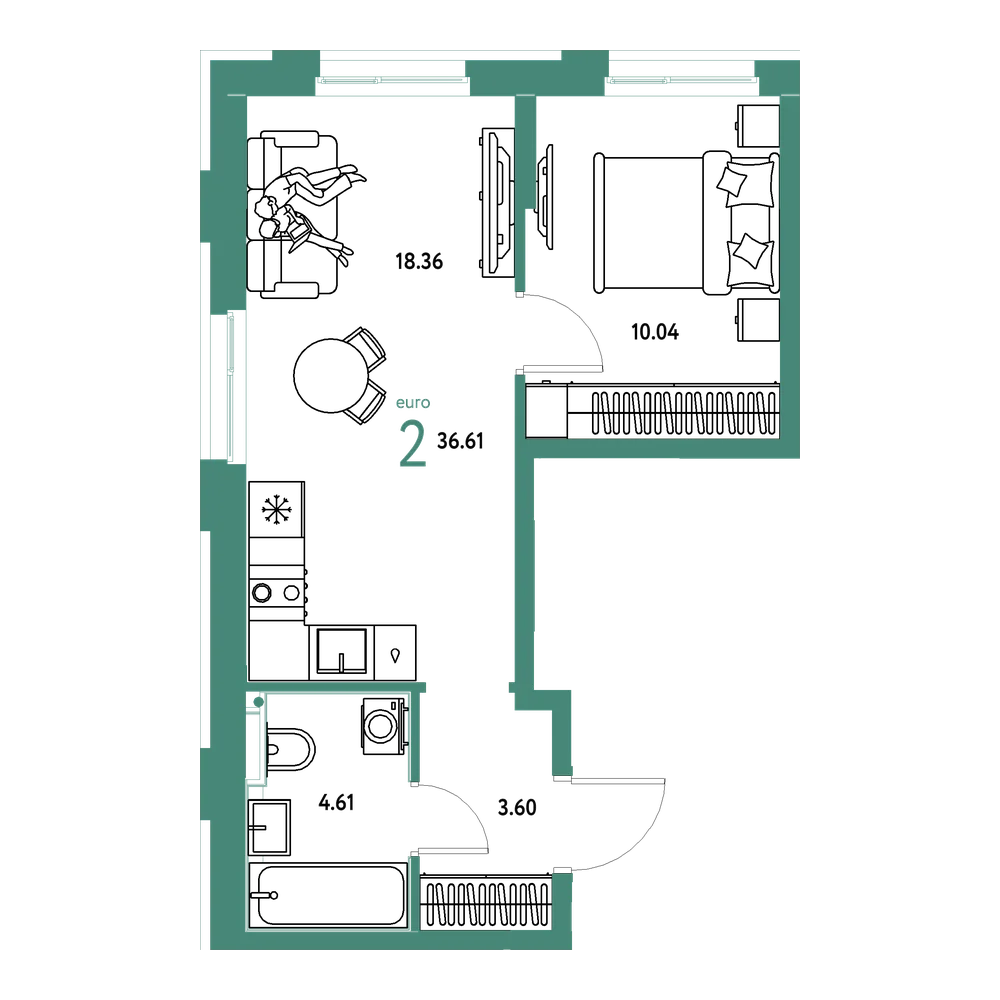Планировка: Евродвушка 36,61 м²