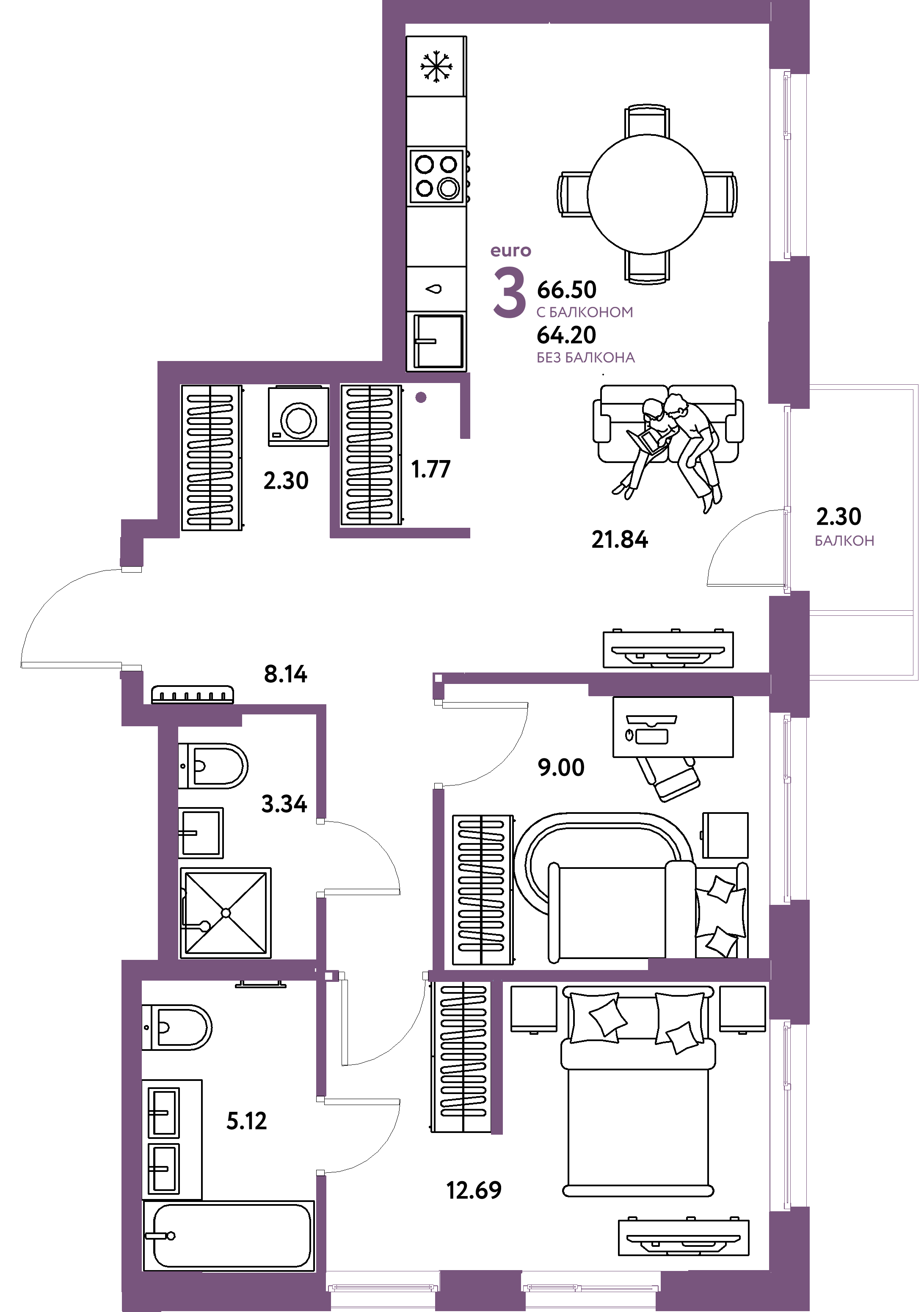 Планировка: Евротрёшка 66,5 м² в ЖК «Европейский берег 2.0»