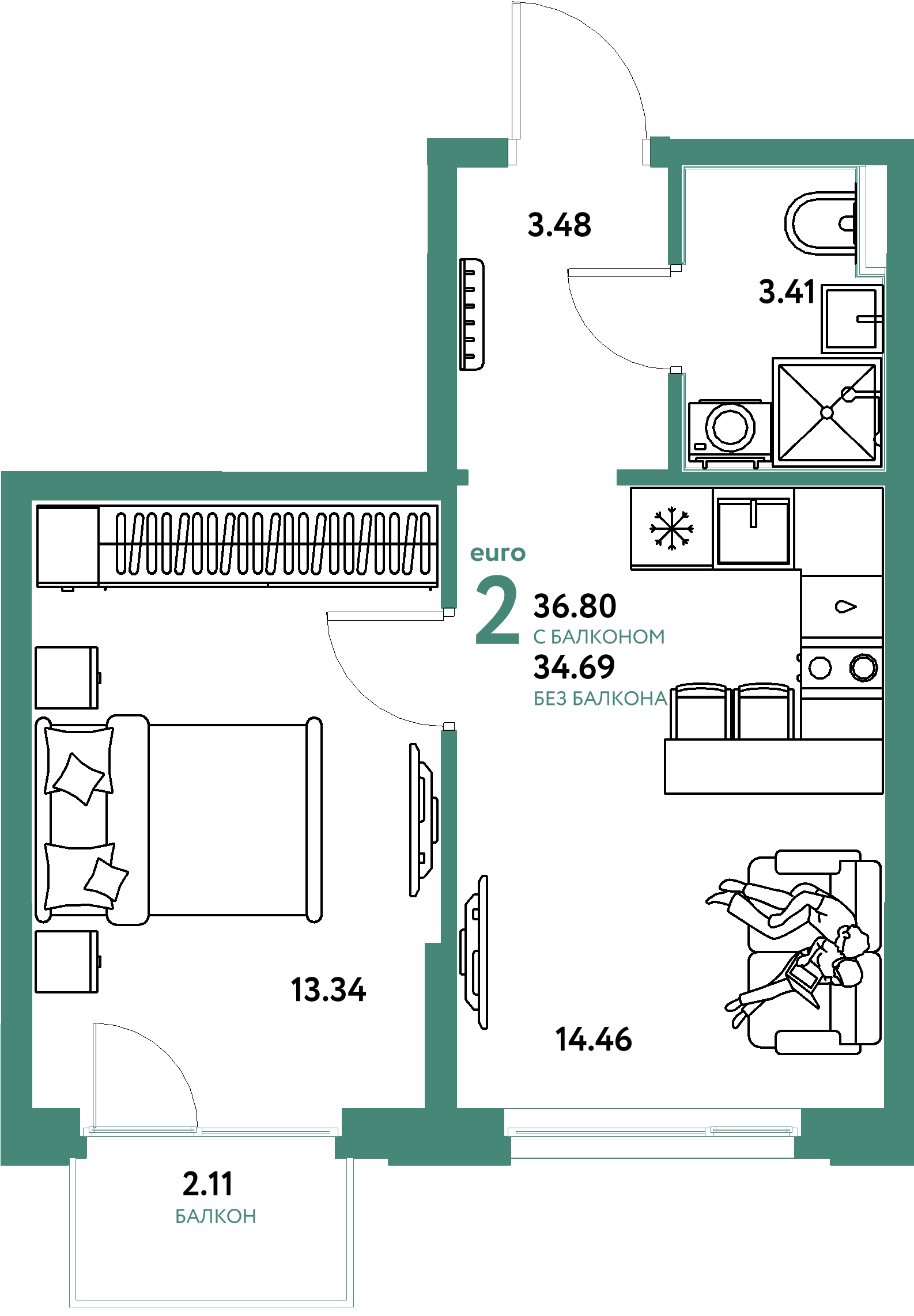 Планировка: Евродвушка 36,8 м² в ЖК «Домашний»