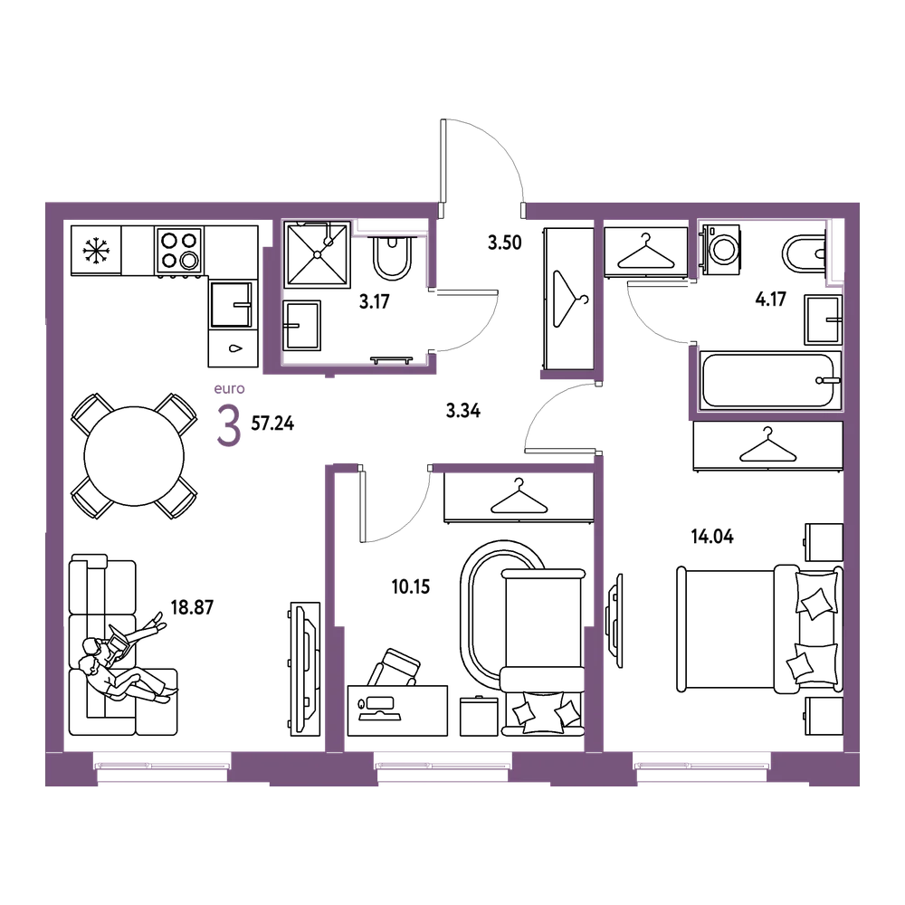 Планировка: Евротрёшка 57,24 м²