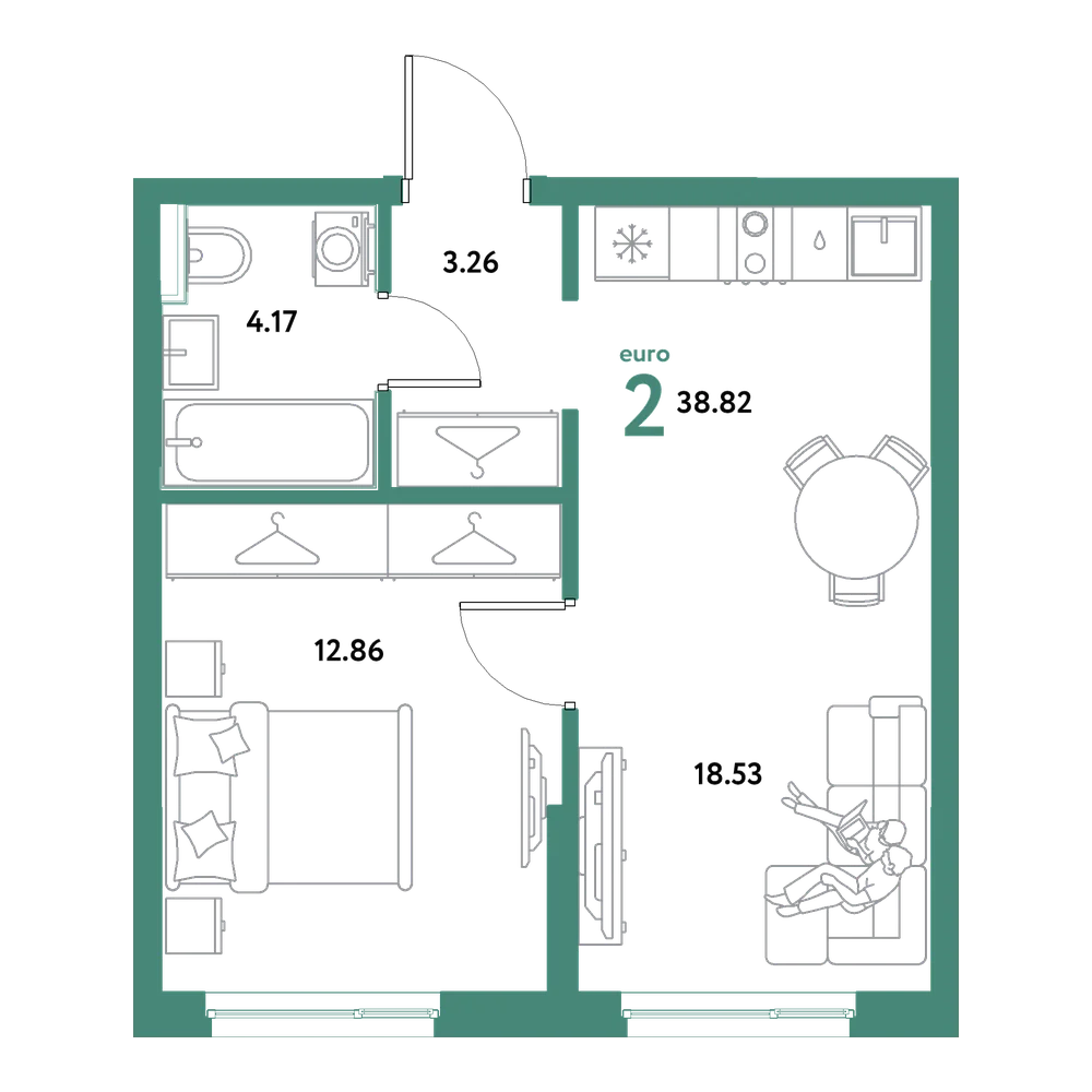 Планировка: Евродвушка 38,82 м²