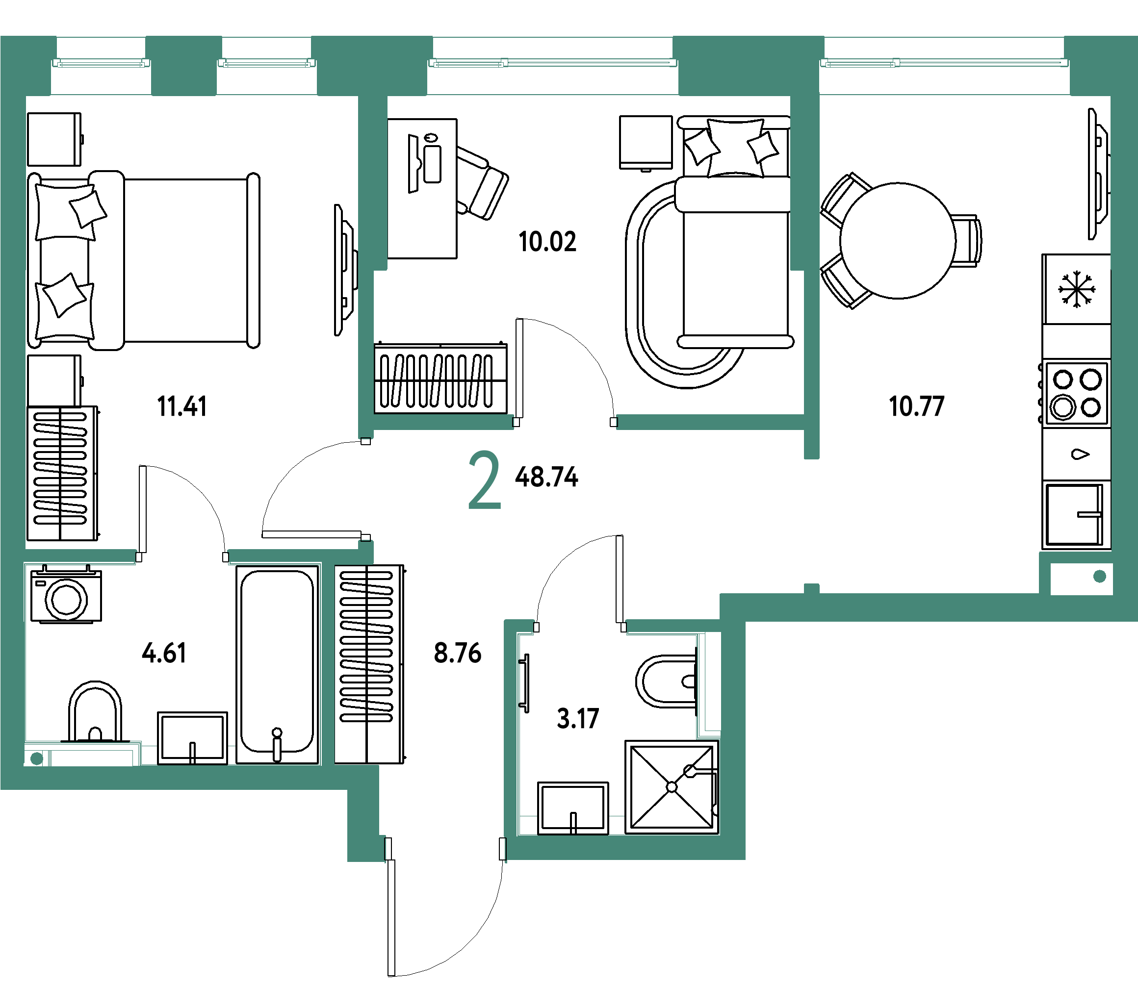 Планировка: 2-комнатная 48,74 м² в ЖК «Остров-сад»