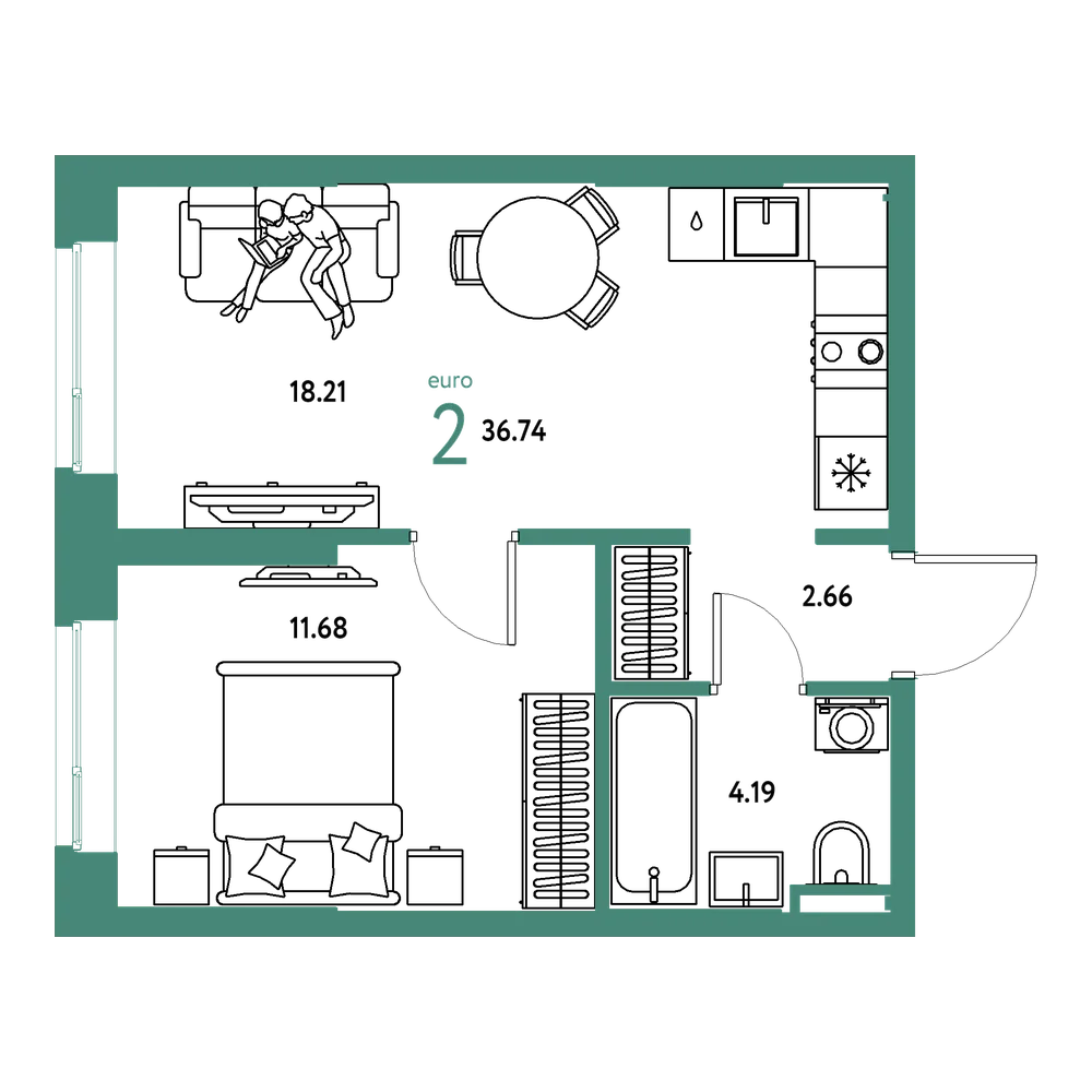 Планировка: Евродвушка 36,74 м²